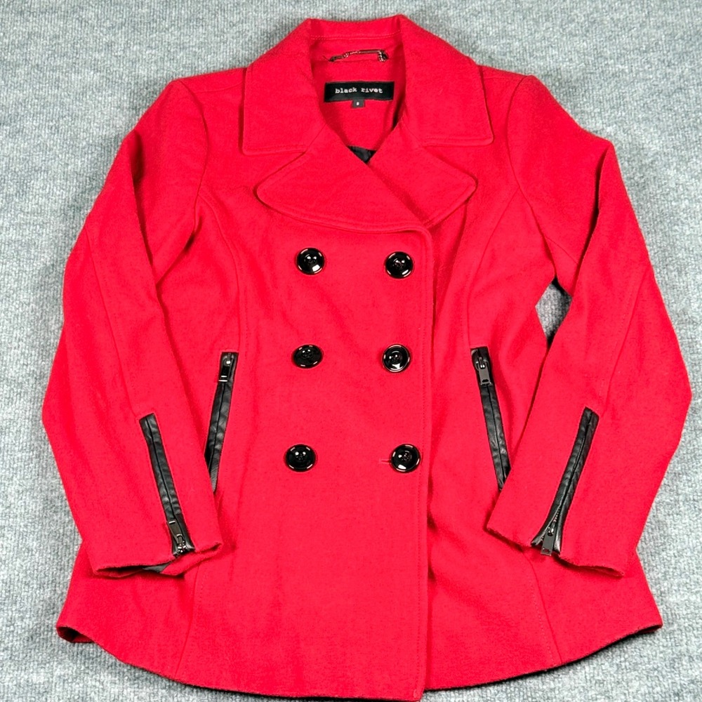 Black Rivet Red Pea Coat Size Small‎ Wool Blend Jacket Smart Casual City Chic